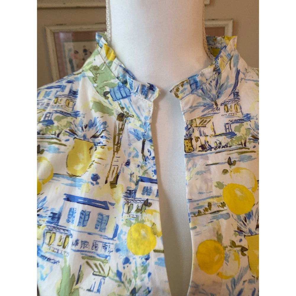Avara Mediterranean Lemon Print Tiered Mini Dress Blue Yellow Sz s boho Cottage - Picture 3 of 10